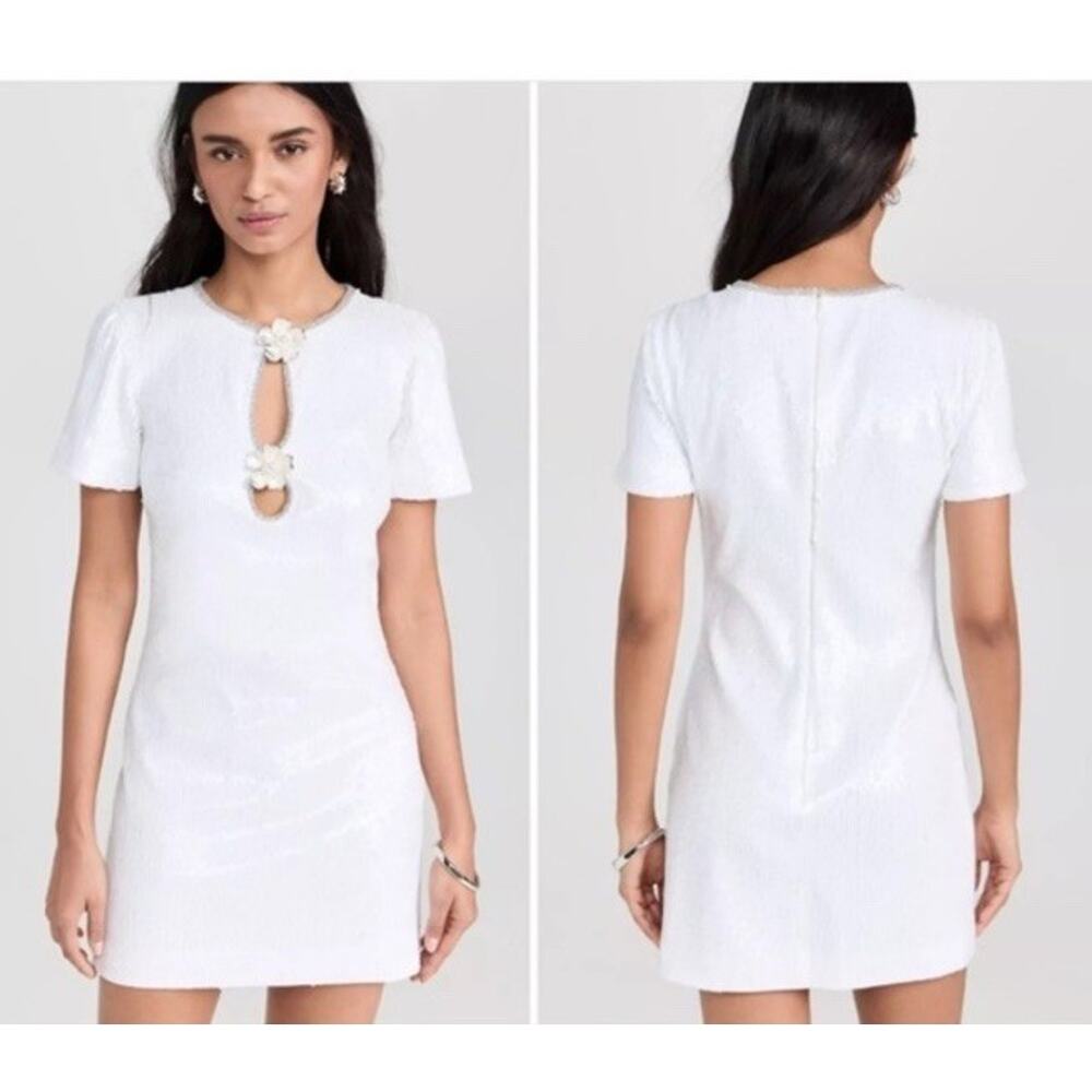 Self-Portrait White Floral-Trim Textured Mini Dress